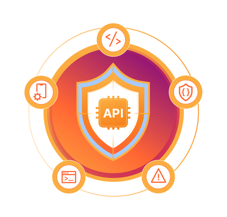 Illustration of a wheel of icons centered around api shield